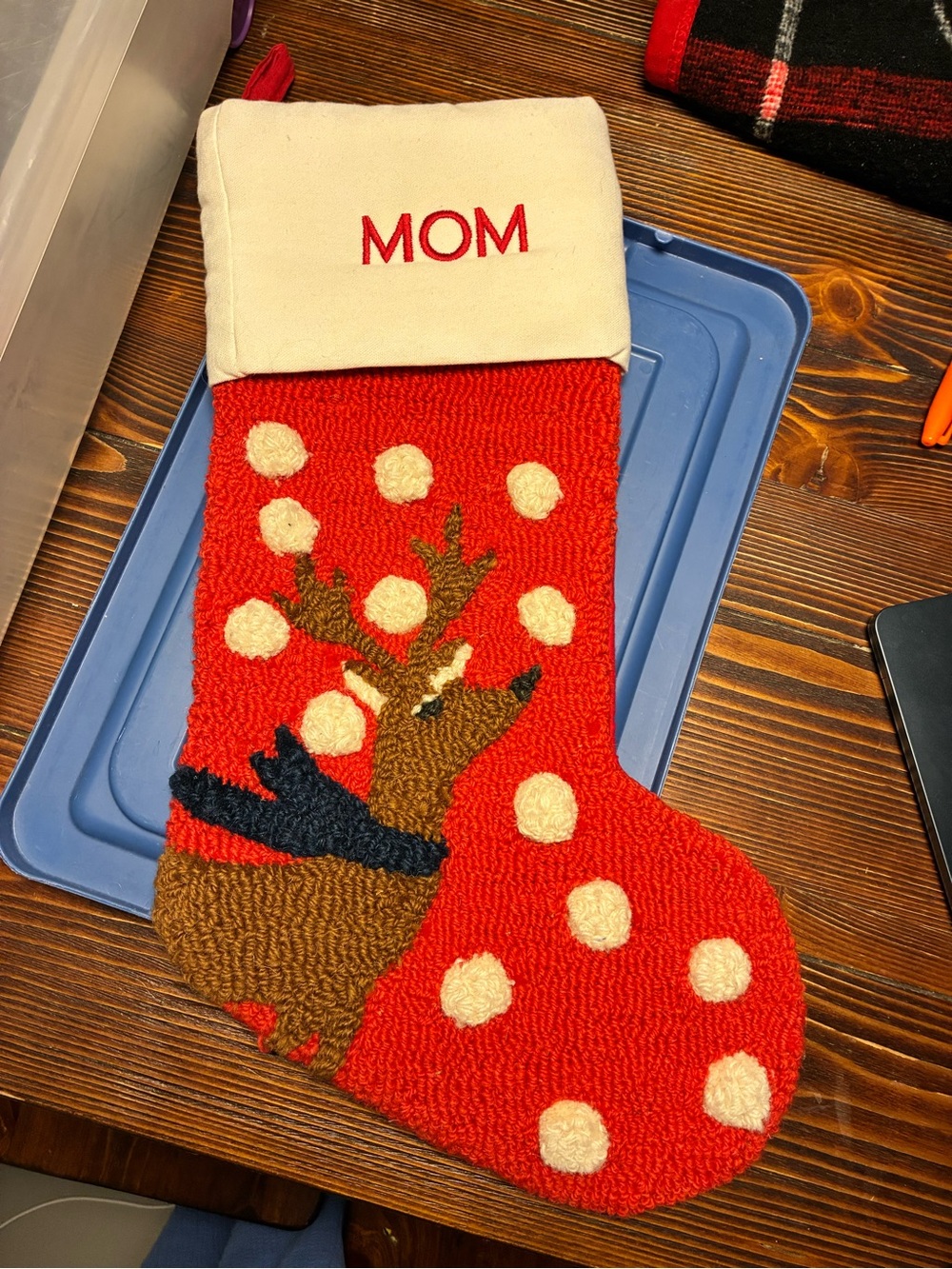 Red 'MOM' Christmas Stocking with Reindeer-pottery barn kids hook and loop